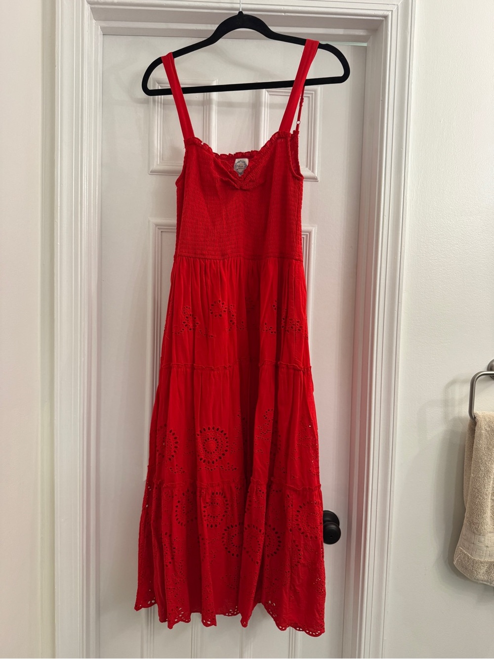 Blue Rain Red Eyelet Tiered Maxi Dress with Smocked Bodice